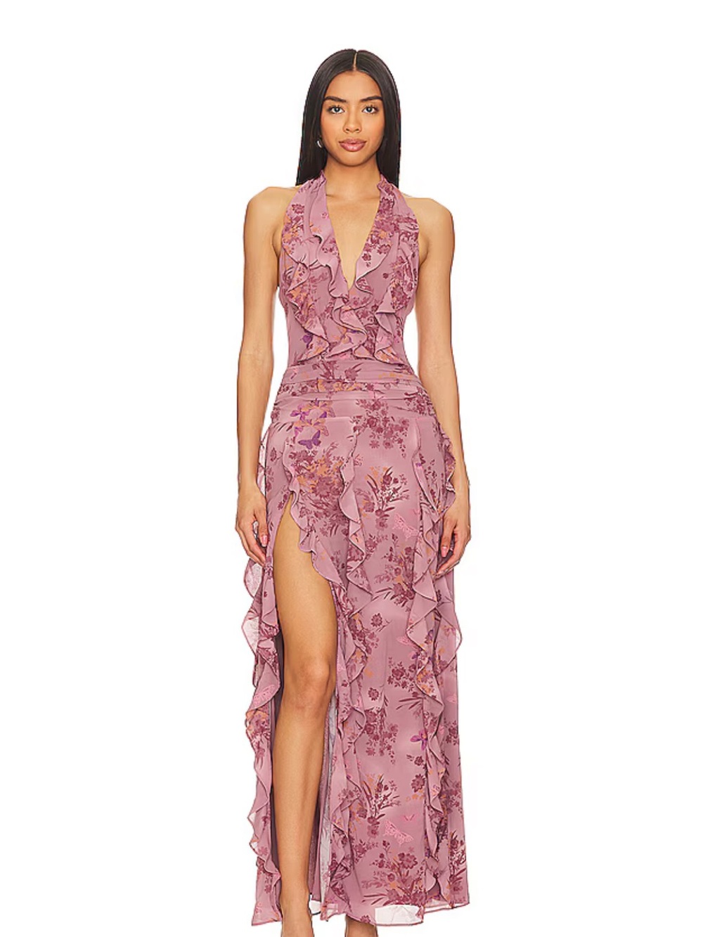 NBD Dusty Rose Floral Ruffled Halter High-Low Maxi Dress